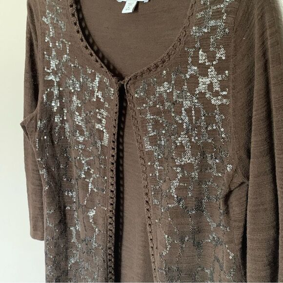 Coldwater Creek Brown Mocha 3/4 Sleeve Cardigan with Sequins Size Medium 10/12 - Picture 5 of 8